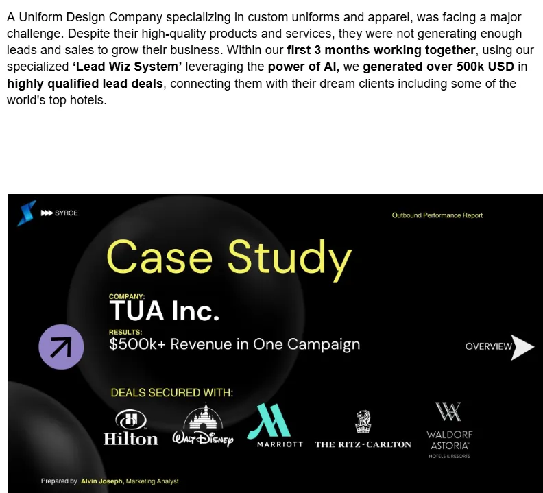A uniform manufacturer, placed into Hilton, Marriott, Ritz-Carlton and Waldorf Astoria.