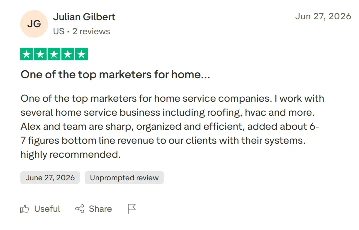Julian Gilbert's verified 5-star Trustpilot review: one of the top marketers for home service companies