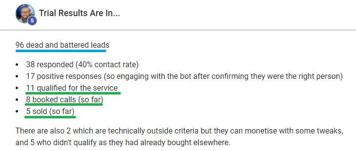 96 dead leads → 8 booked calls → 5 sales