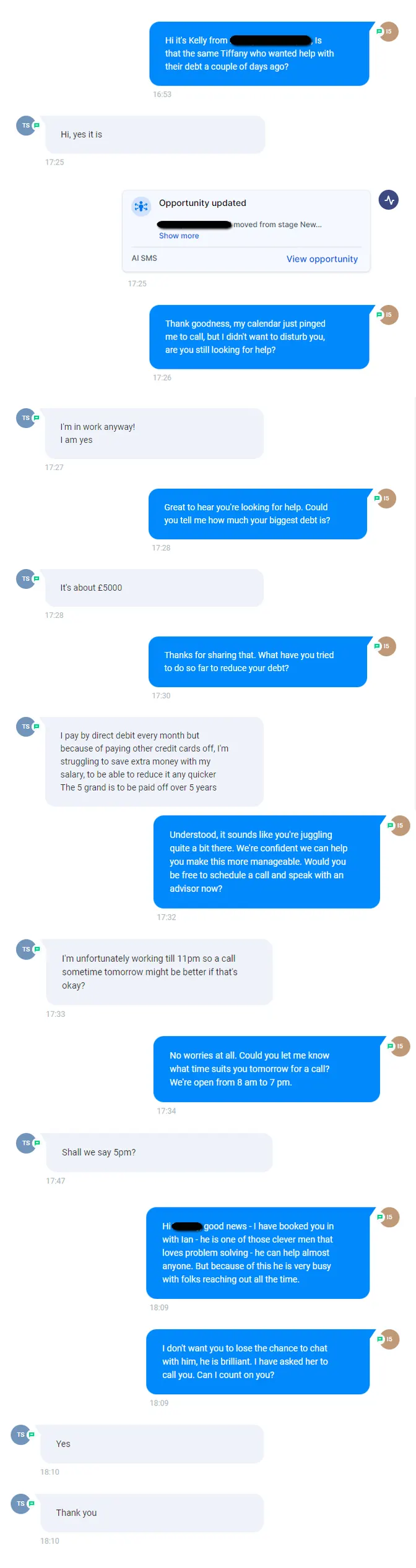 The entire thread — 16:53 first contact to 18:10 booked and confirmed.